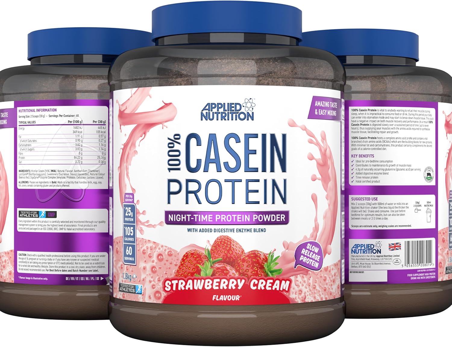 Applied Nutrition 100% Casein Protein Strawberry Cream  Overnight Recovery & Muscle Growth
