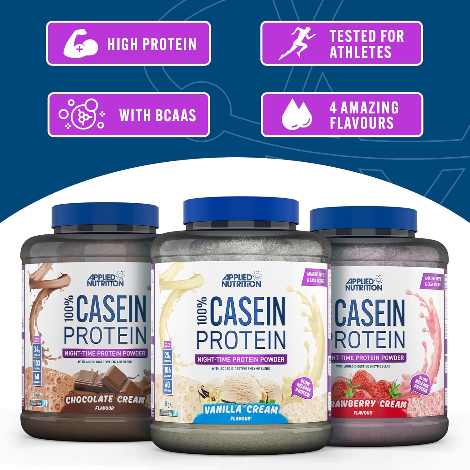 Applied Nutrition 100% Casein Protein Strawberry Cream  Overnight Recovery & Muscle Growth
