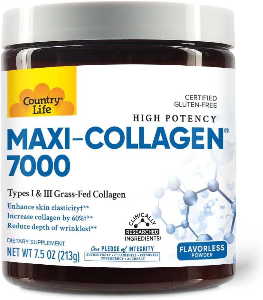 Country Life Maxi‑Collagen 7000 Powder | Vitamin C, A & Biotin | 4,500 mg Types I & III Grass - Fed Collagen Skin, Hair & Nail Support - END Nutrition