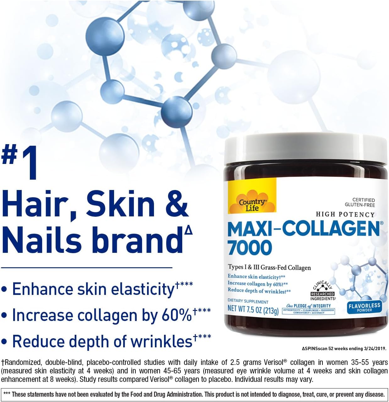 Country Life Maxi‑Collagen 7000 Powder | Vitamin C, A & Biotin | 4,500 mg Types I & III Grass - Fed Collagen Skin, Hair & Nail Support - END Nutrition