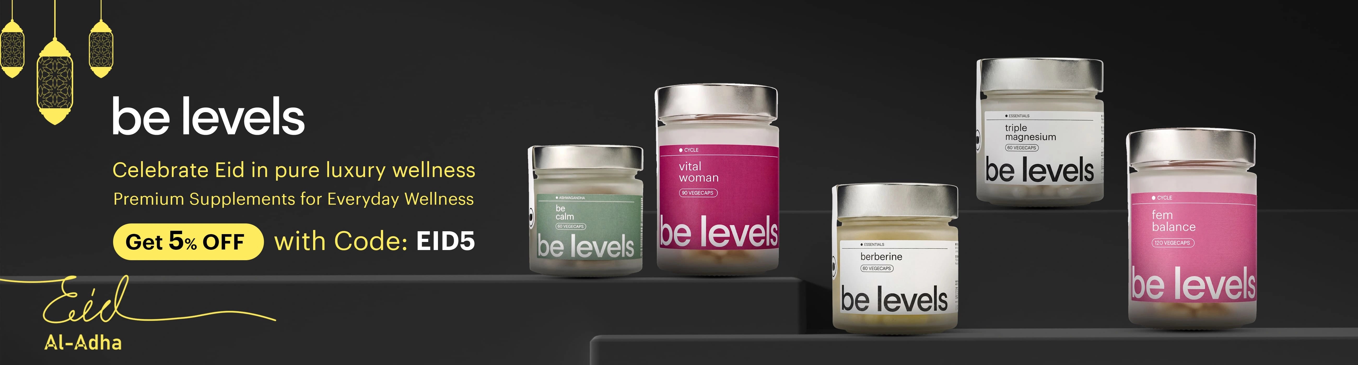 be levels supplement jars with promotional text on a black background