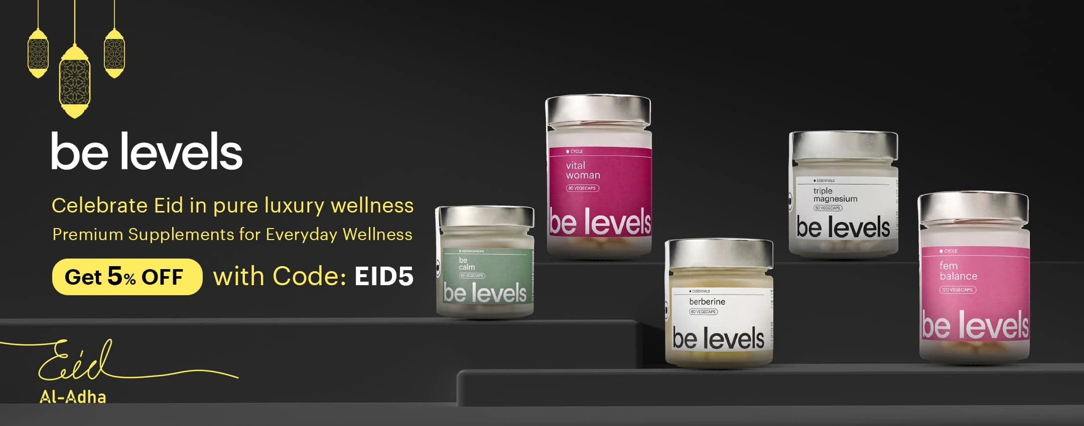 be levels wellness products with promotional text on a black background
