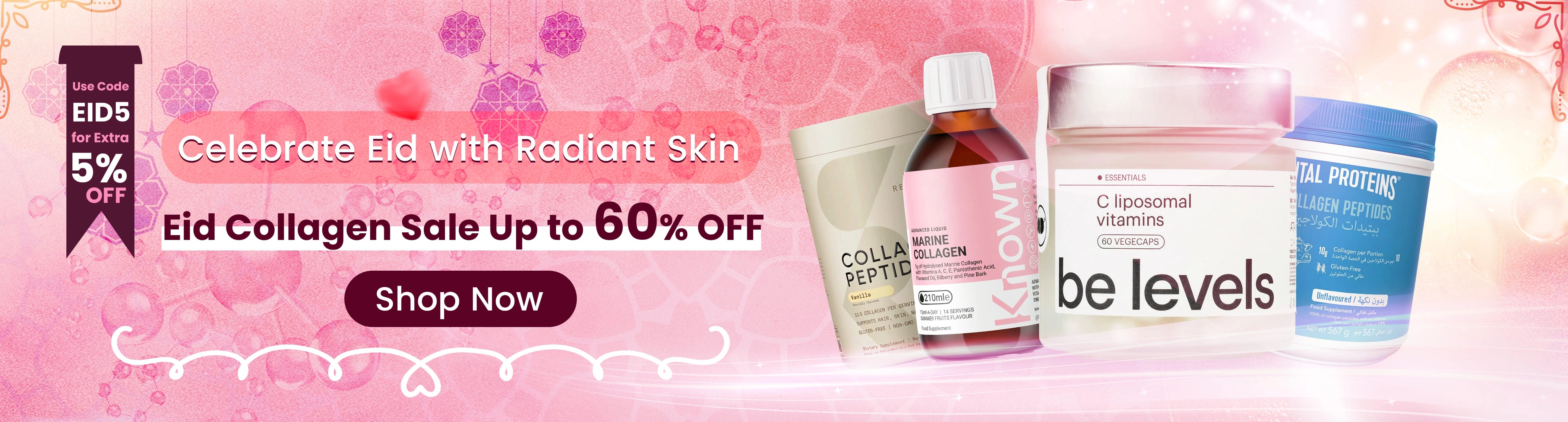 Collagen and skincare product display with promotional text on a pink background