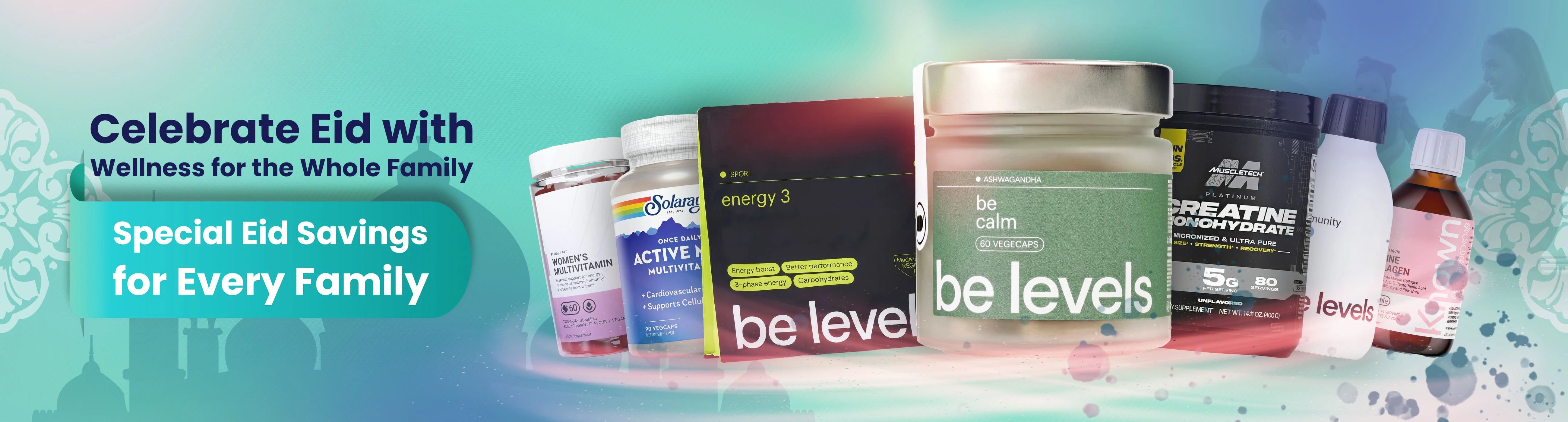 Promotional banner for wellness products with text about Eid celebrations and savings.