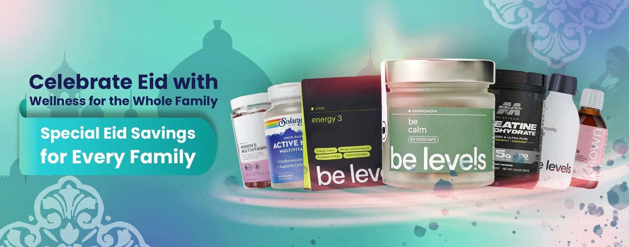 Promotional banner for wellness products with 'be levels' and other brands on a blue background.