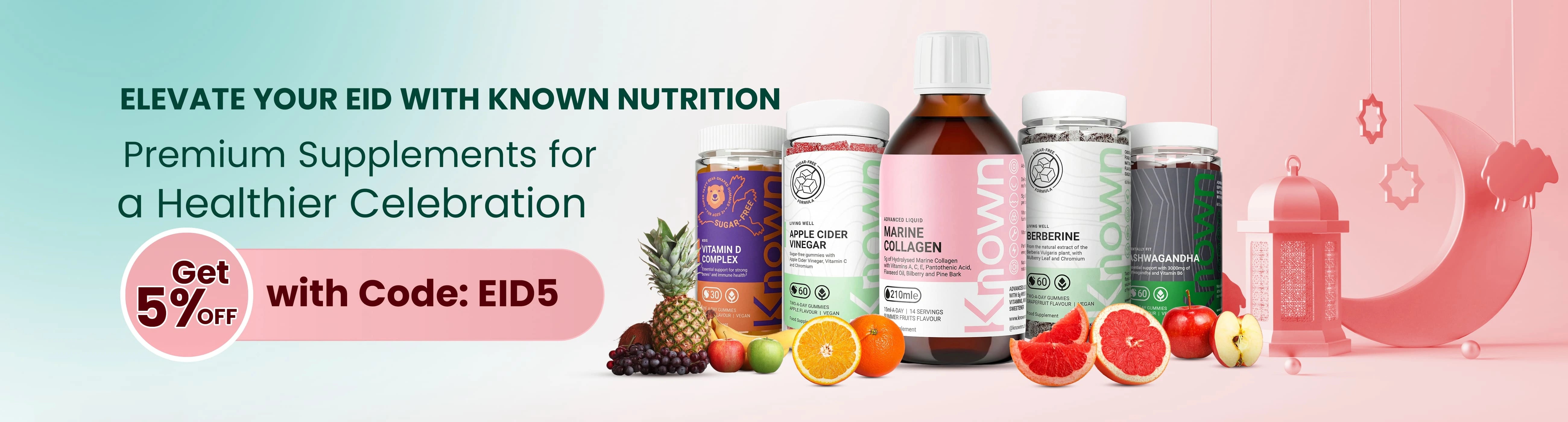 Supplement products with fruits and a promotional banner for Eid celebration.