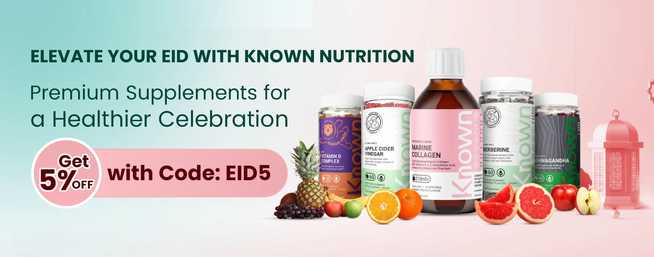 Supplements with fruits on a gradient background, promoting Known Nutrition products.