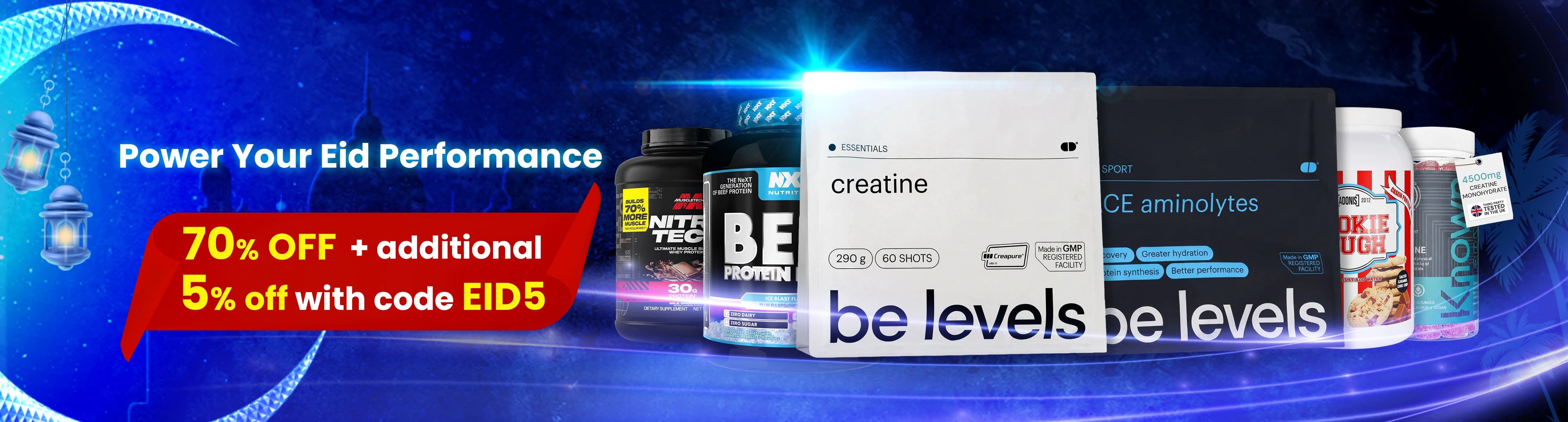 Sport Nutritionproducts with promotional text on a blue gradient background
