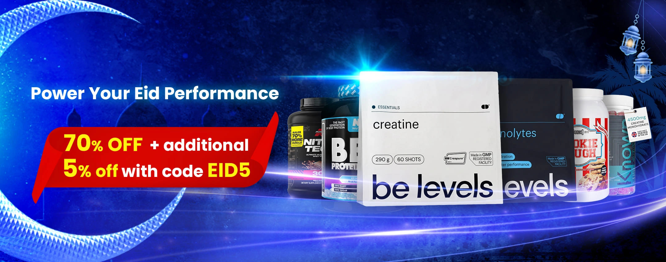 Sports Nutrition Promotional banner for 'be levels' products with discount text on a blue background