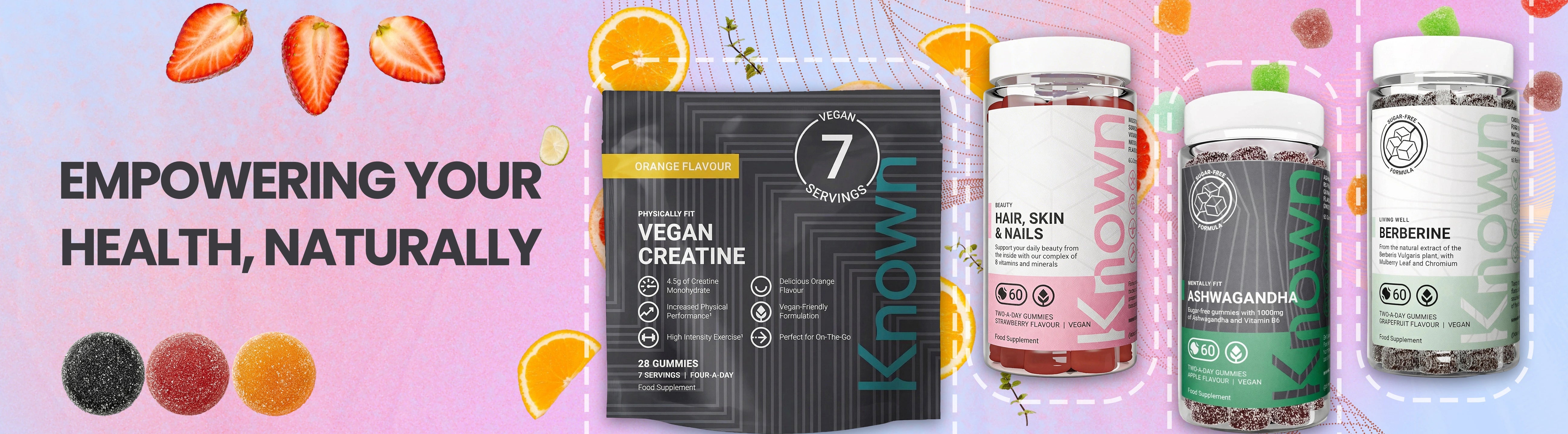 Supplement products with visible branding on a colorful background, featuring text 'Empowering Your Health, Naturally'.