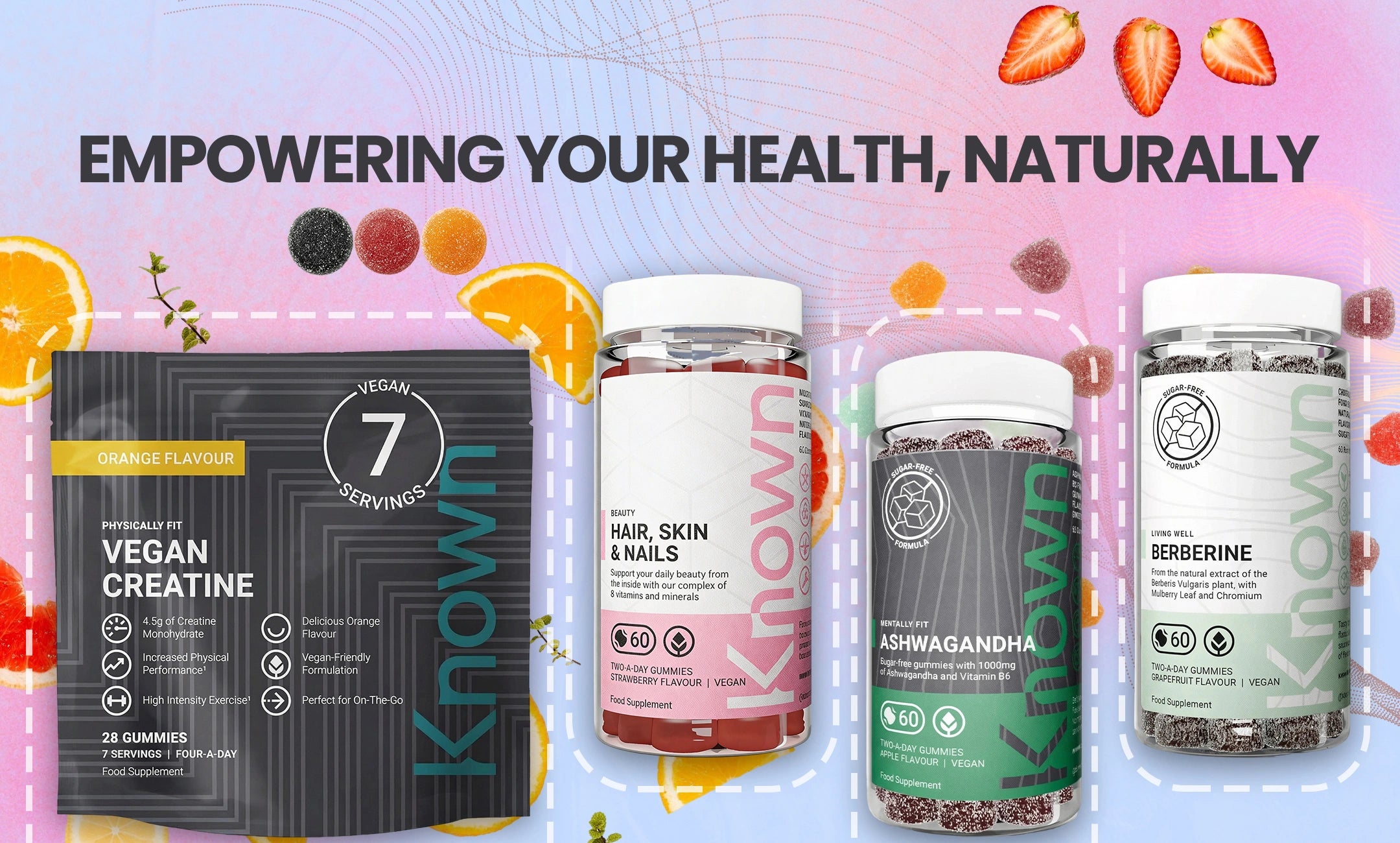 Supplement products with 'Known' branding on a colorful background