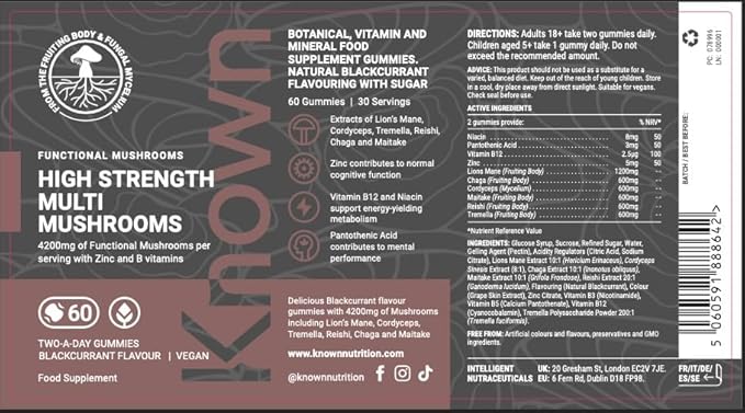 Known High Strength Multi Mushrooms Gummies – Lion’s Mane, Reishi, Cordyceps, Chaga – Cognitive, Immune & Energy Support – Vegan, Natural Flavour – 60 Gummies, 1 Month Supply - END Nutrition