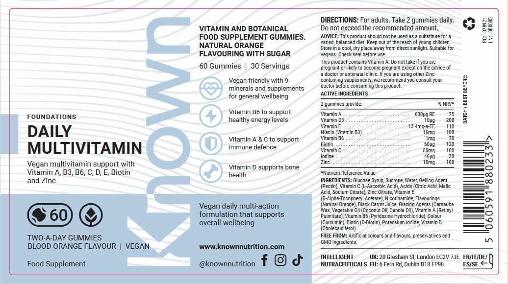 Known Daily Multivitamin Orange Vegan Gummy | 600mg Vitamin A, C, D, E, B6, Biotin, Zinc| Complete Vitamin Support - END Nutrition