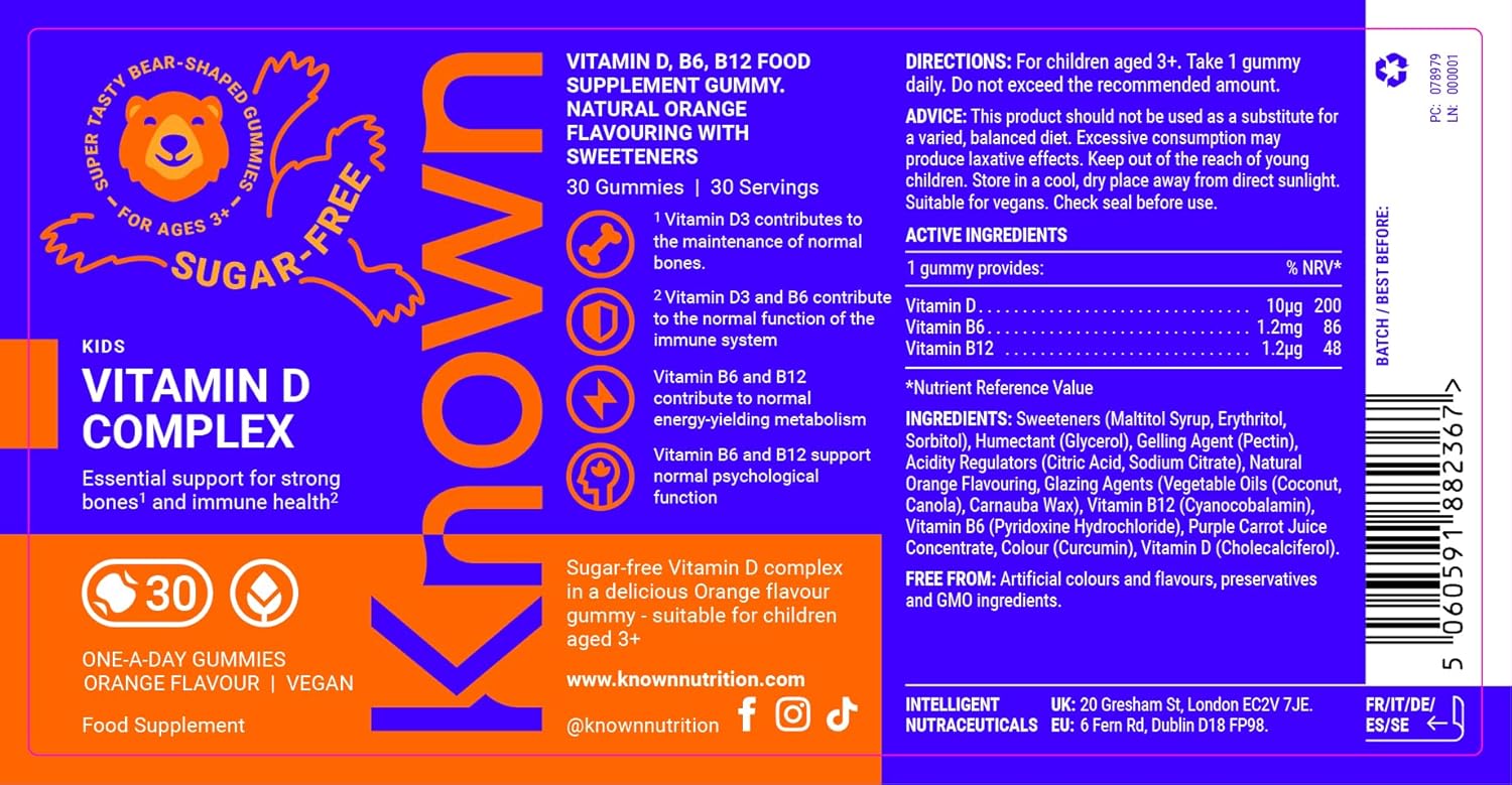 Known Kids Vitamin D Complex - Sugar Free Vegan Gummies Supplements Vitamin D3, B | Immune & Bone Health