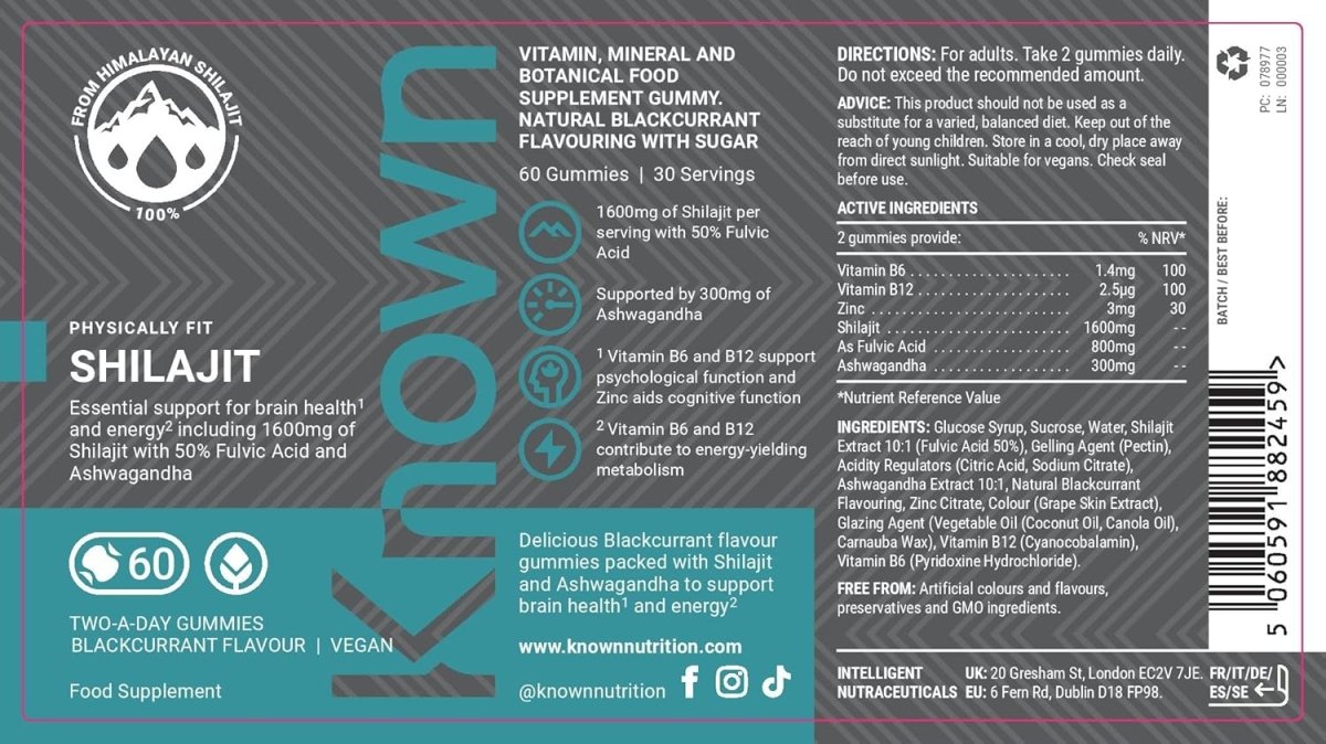 Known Shilajit Vegan Gummies Supplement - Blackcurrant Flavor | 1600mg Shilajit , 800mg Fulvic Acid with Vitamin B12 & Zinc Energy & Vitality - END Nutrition