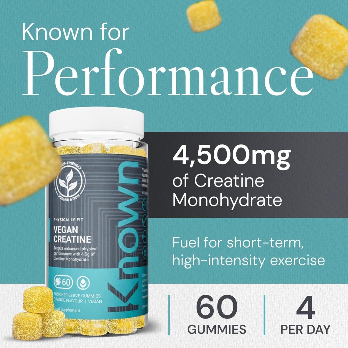Known Vegan Creatine Gummies – 4500 mg Creatine Monohydrate – Orange Flavor – Performance & Strength Support - END Nutrition