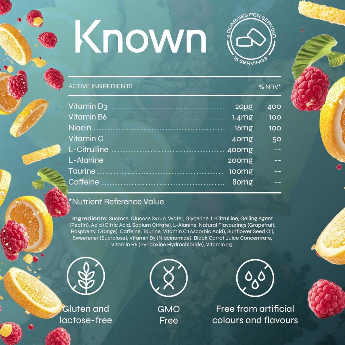 Known Nutrition Pre - Workout Gummies Raspberry & Yuzu Flavor | 80mg Caffeine, Taurine, Citrulline, Alanine & Vitamins D3, B3, B6, C | Vegan Energy & Performance Support - END Nutrition