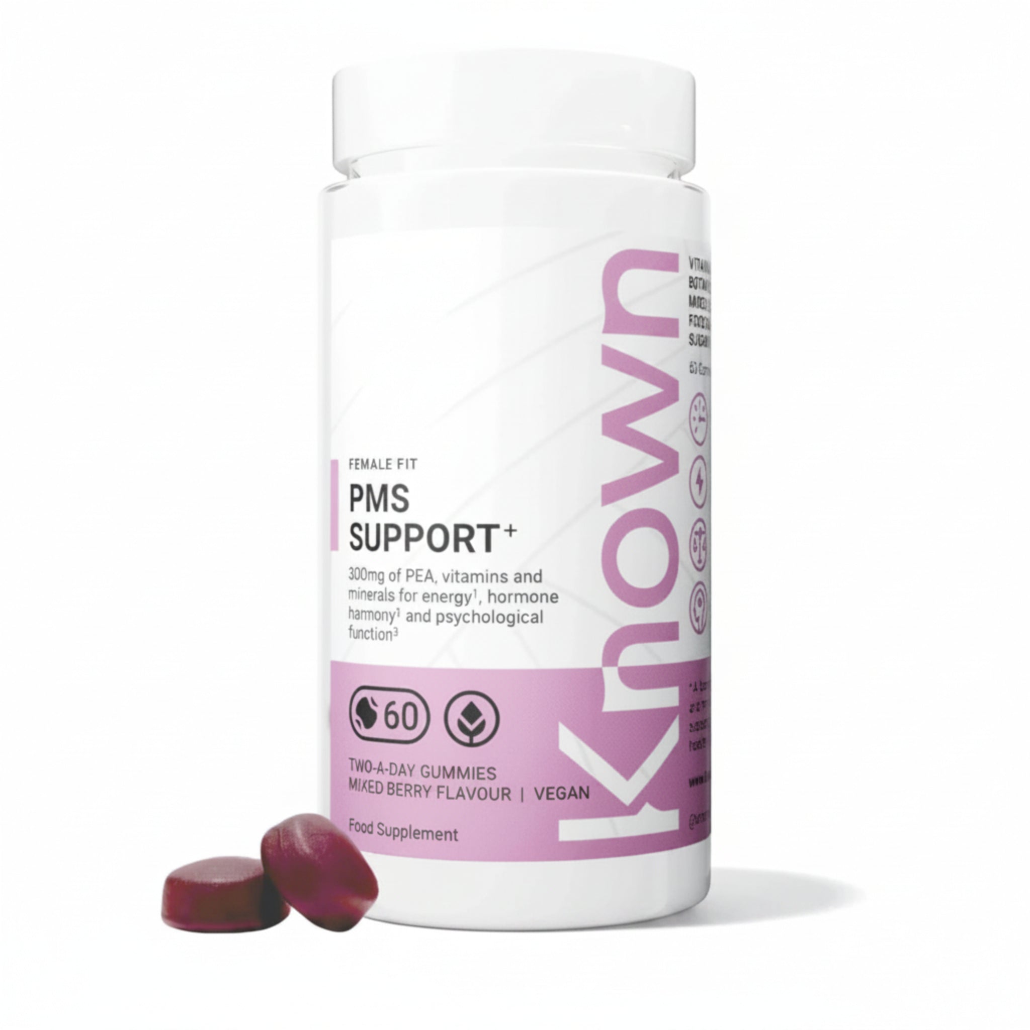 Known PMS Support Gummies – Mixed Berry Flavour, Vegan Supplement with 300 mg Pea, Iron & Vitamin B6 – Hormonal Balance, Cognitive Function & Energy – 1 Month Supply - END Nutrition