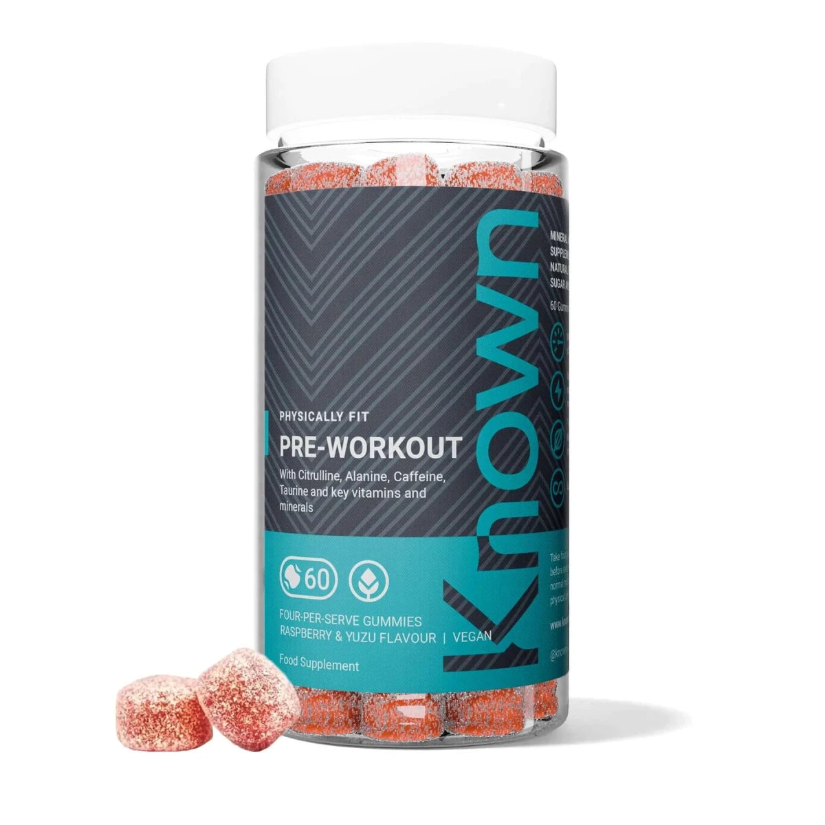 Known Pre-Workout Gummies Raspberry Yuzu–with 80mg Caffeine Energy & Performance Support Vegan Supplement - Endnutrition.com