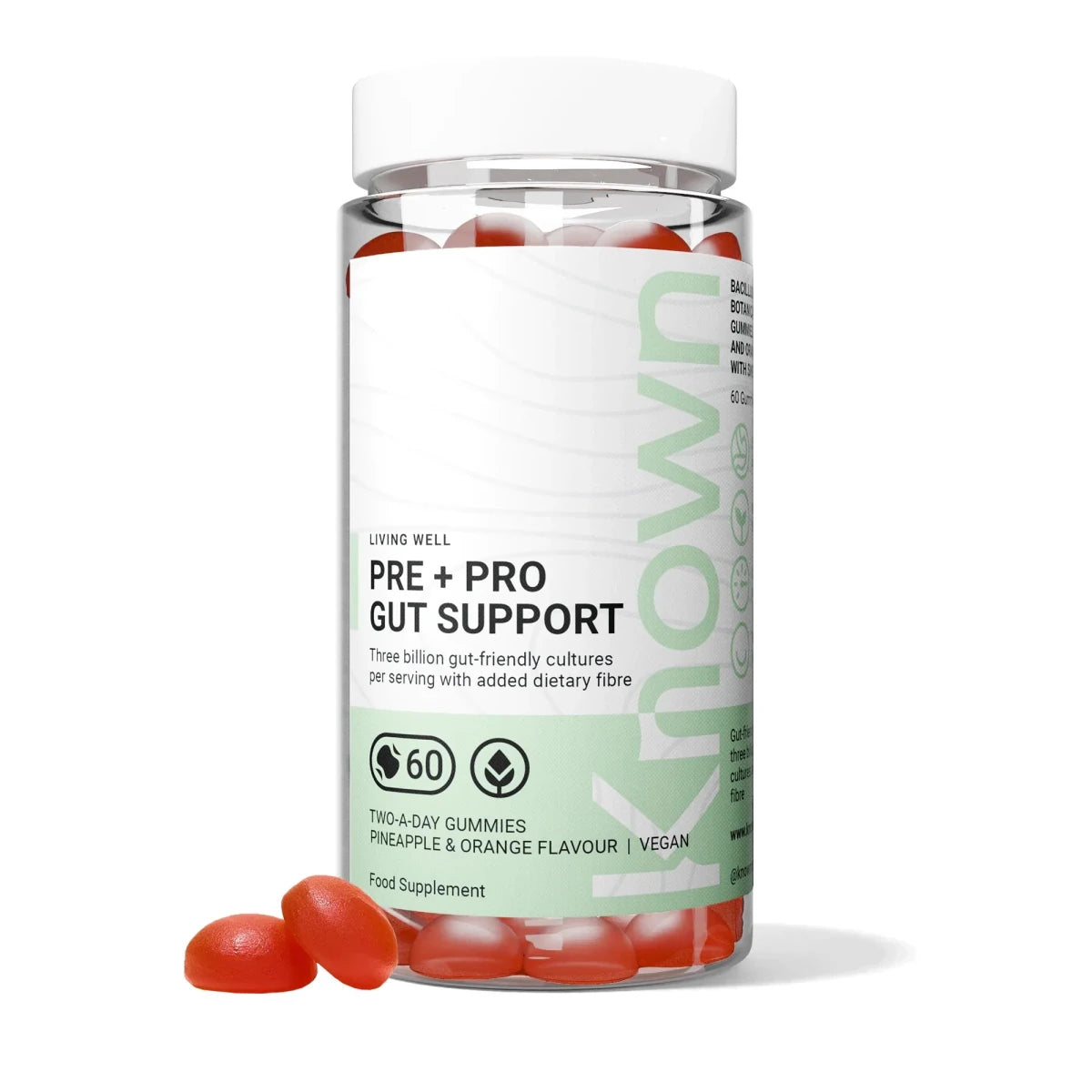 Known Pre+Pro Gut Support Gummies – 3 Billion CFU Bacillus Coagulans, Pineapple & Orange Flavour, Vegan Digestive & Immune Health – 60 Gummies - Endnutrition.com