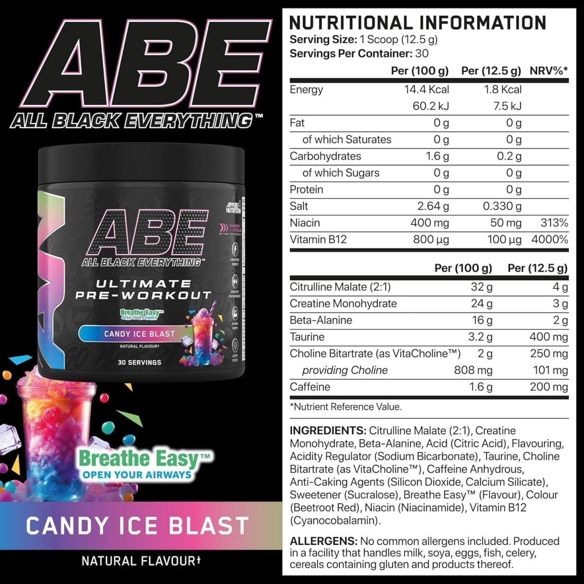 Applied Nutrition ABE Ultimate Pre-Workout | Candy Ice Blast Flavor | 30 Servings | 200mg Caffeine, 3g Creatine - endnutrition.com