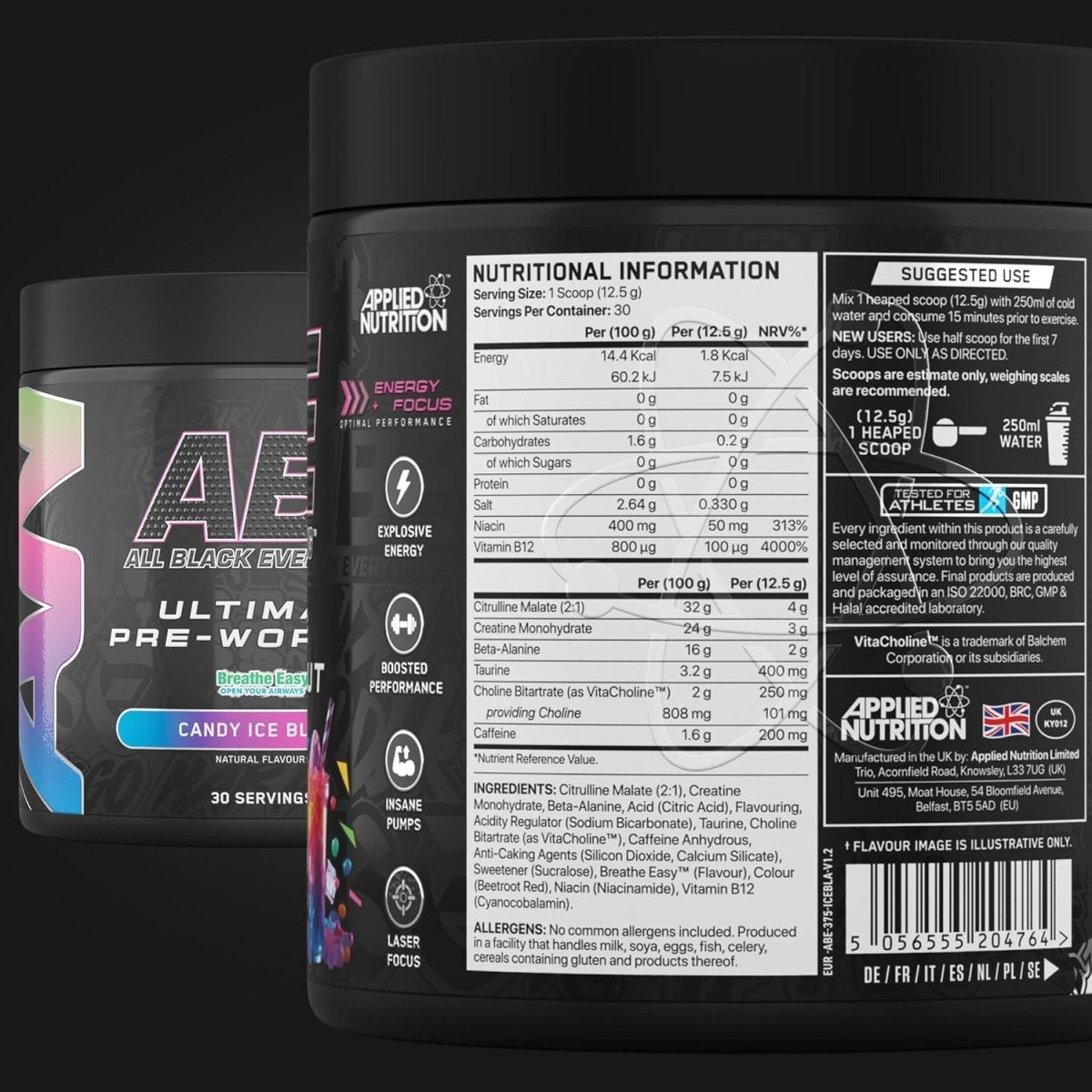Applied Nutrition ABE Ultimate Pre-Workout | Candy Ice Blast Flavor | 30 Servings | 200mg Caffeine, 3g Creatine - endnutrition.com