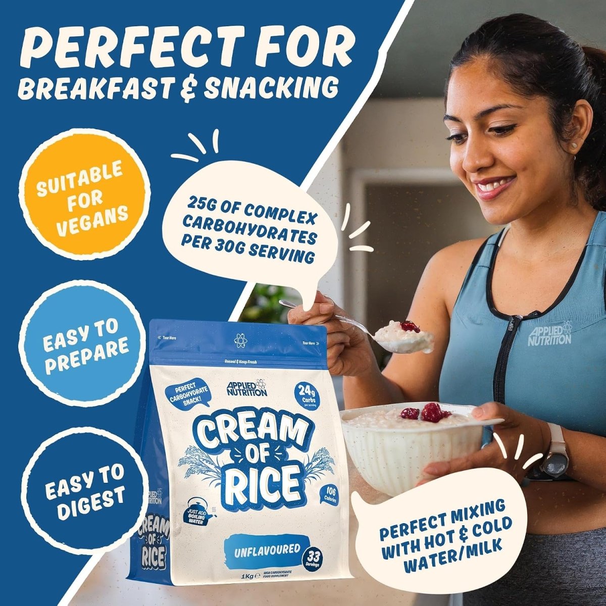 Applied Nutrition Cream of Rice | Toffee Biscuit | 1kg | 25g Carbs, 33 Servings - endnutrition.com