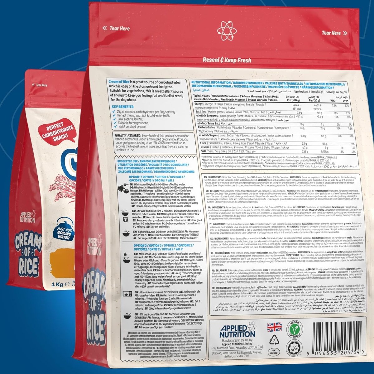 Applied Nutrition Cream of Rice | Toffee Biscuit | 1kg | 25g Carbs, 33 Servings - endnutrition.com