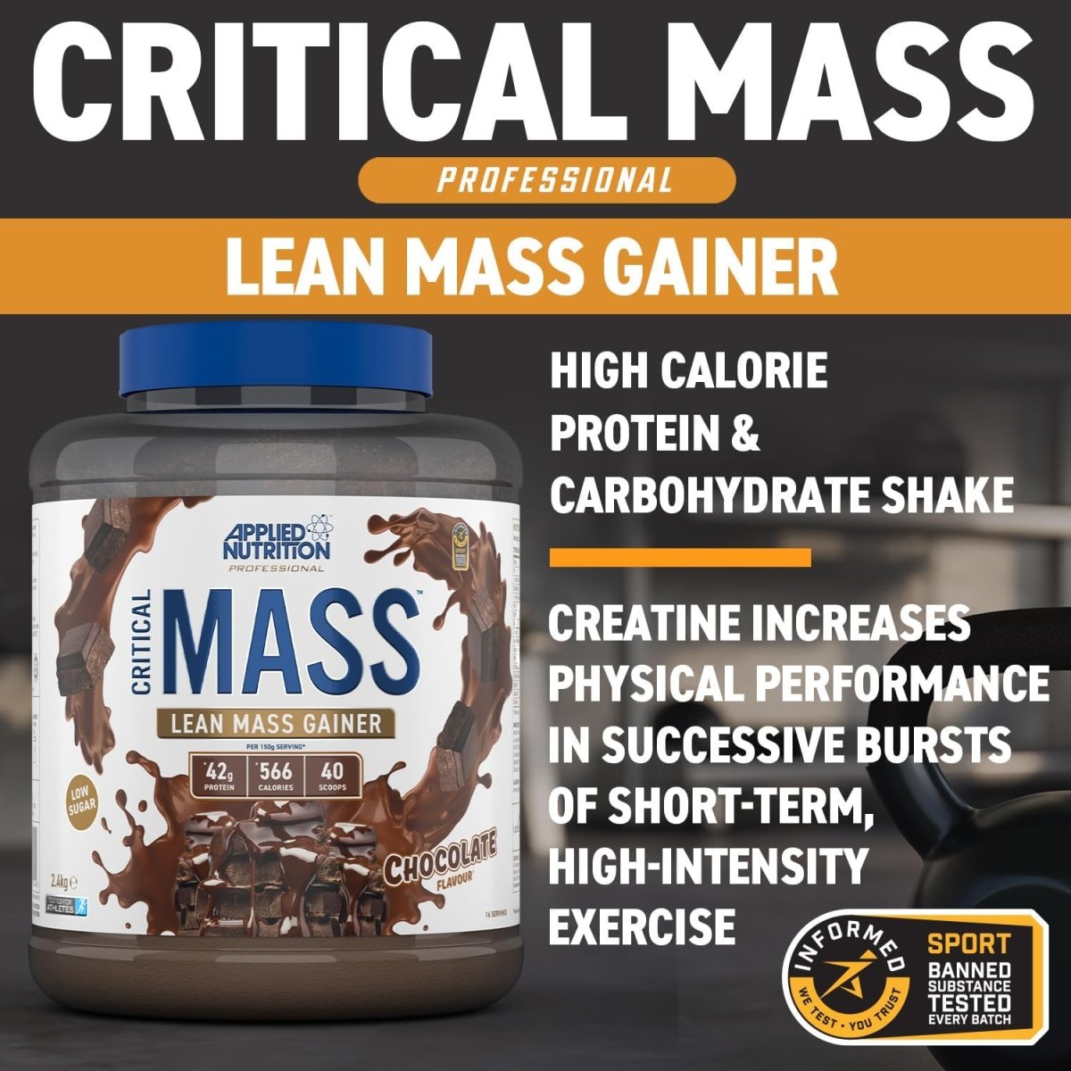Applied Nutrition Critical Mass Lean Mass Gainz | Chocolate | 2.4kg | 42g Protein, 16 Servings - endnutrition.com