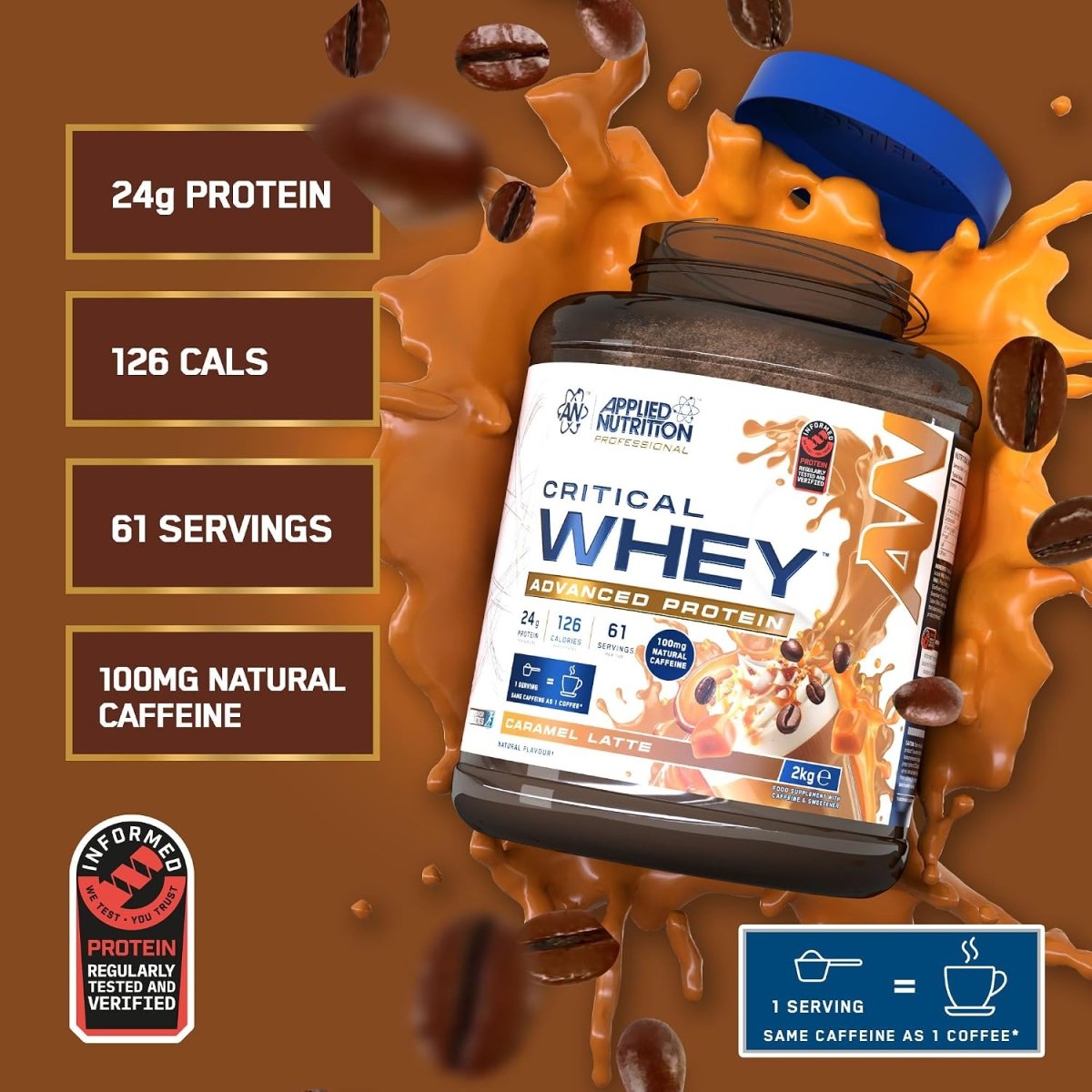Applied Nutrition Critical Whey Protein | Caramel Latte | 2kg | 24g Protein, 61 Servings - endnutrition.com