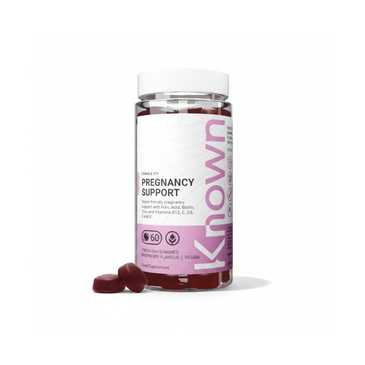 Known Pregnancy Support Gummies – 400 mcg Folic Acid, Raspberry Flavour, Vegan Prenatal Multivitamin with D3, K, C, E, B12, Biotin & Zinc - endnutrition.com