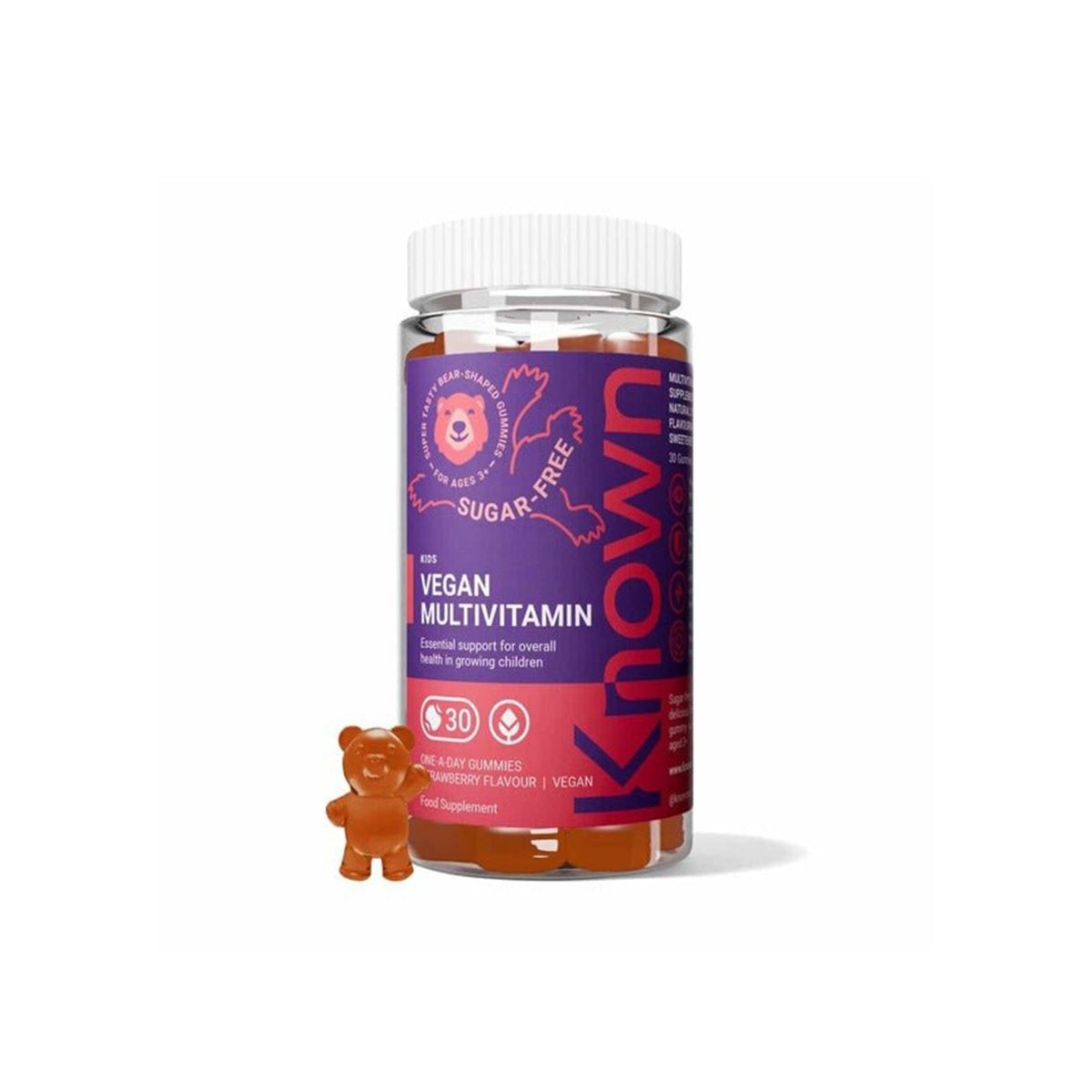 Known Kids Multivitamin Gummies – Strawberry | 8 Essential Vitamins incl. A, C & D | Suger Free, Vegan & Halal (30 Gummies) - endnutrition.com