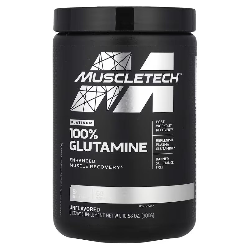 Black container of Muscletech 100% Glutamine supplement on a white background