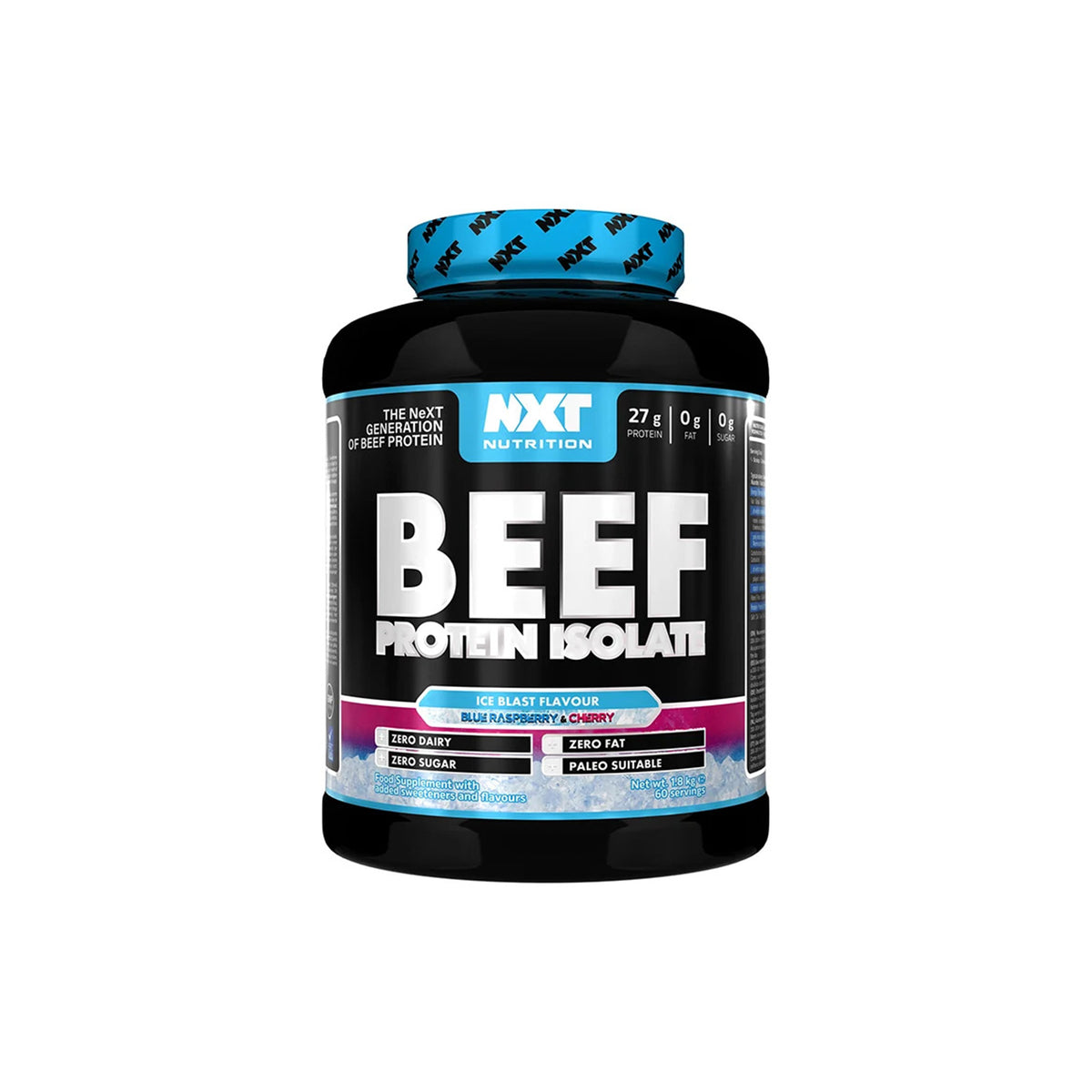 NXT Nutrition Beef Protein Isolate – Ice Blast – 1.8 كجم – مسحوق عالي البروتين خالي من الألبان + زجاجة شيكر مجانية
