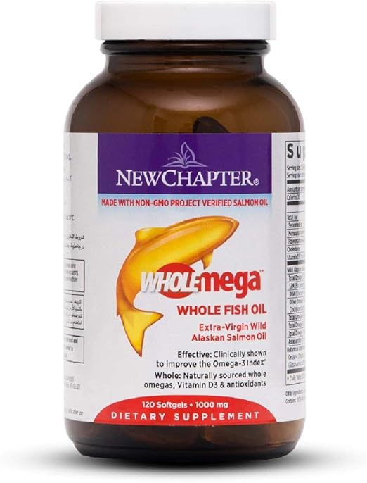 Aceite de pescado entero New Chapter Wholemega™: elaborado con aceite de salmón silvestre de Alaska 100 % para favorecer la salud del corazón, el cerebro y las articulaciones, 120 cápsulas blandas.