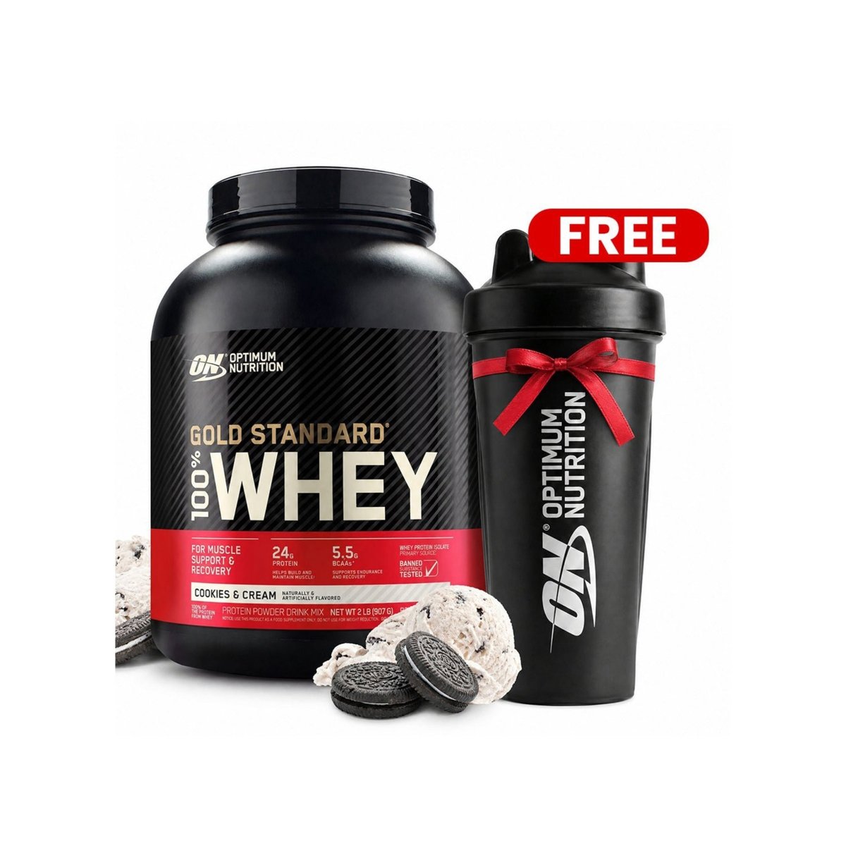 Optimum Nutrition Gold Standard 100% Whey – Cookies & Cream, 5 lb – + FREE Shaker Bottle - endnutrition.com