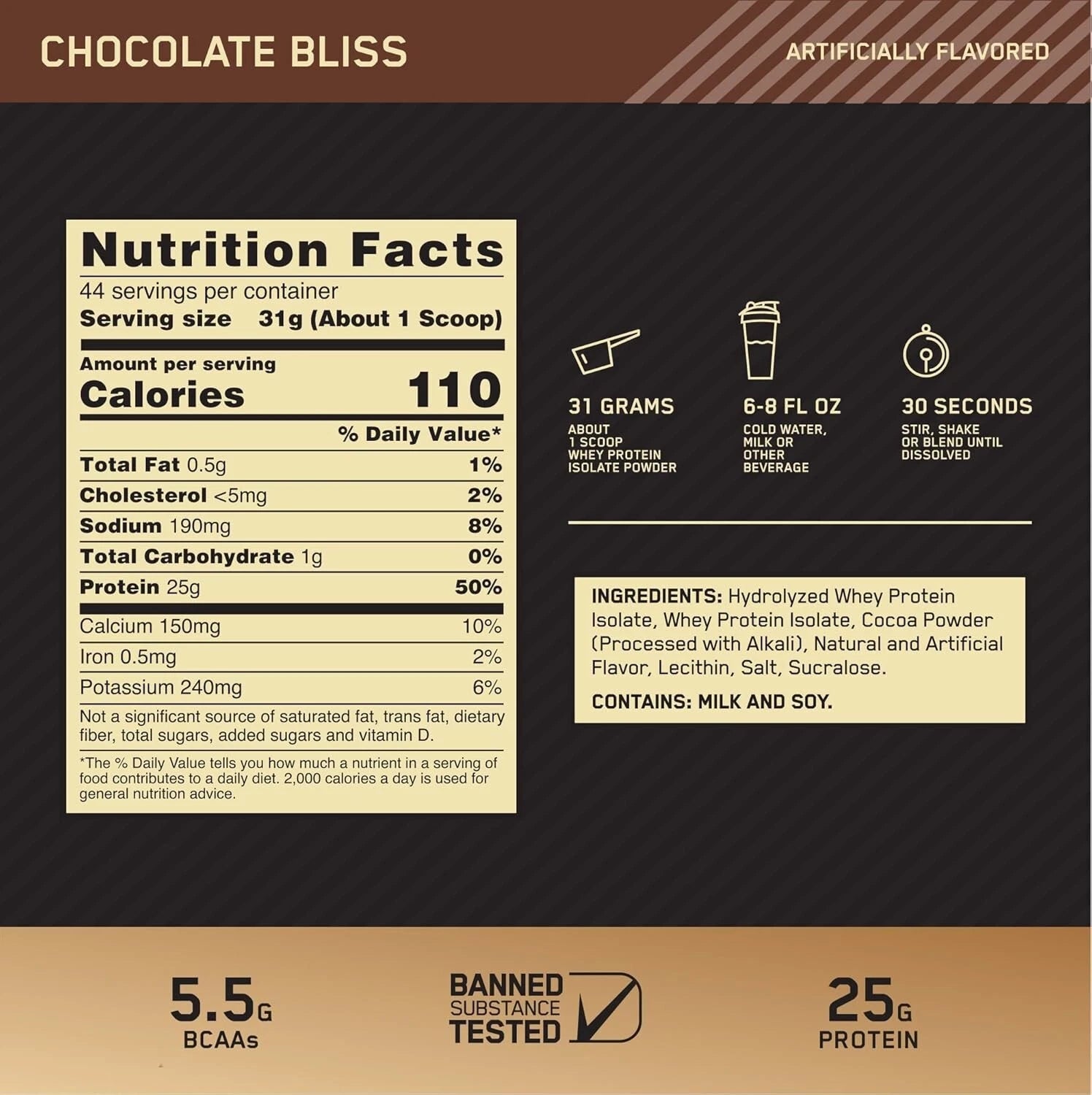 Optimum Nutrition Gold Standard 100% Isolate – Chocolate Bliss – 25g Protein, Ultra‑Filtered Whey, Supports Lean Muscle Growth & Recovery