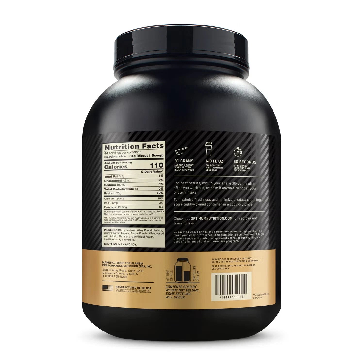 Optimum Nutrition Gold Standard 100% Isolate – Chocolate Bliss – 25g Protein, Ultra‑Filtered Whey, Supports Lean Muscle Growth & Recovery
