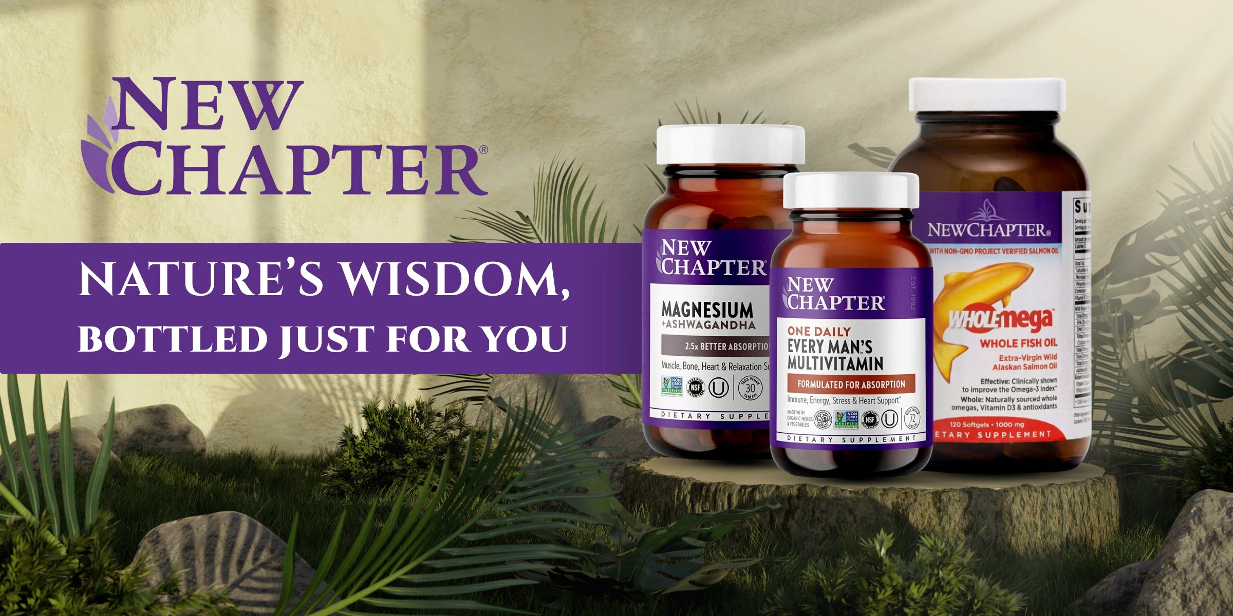 New Chapter supplement bottles on a natural background with text 'New Chapter' and 'Nature's Wisdom, Bottled Just for You'.